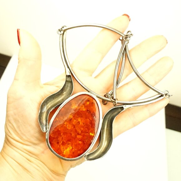 Giant Amber Link Necklace Set In 925 Silver - One-Of-A-Kind Artisan Jewelry - Picture 7 of 14